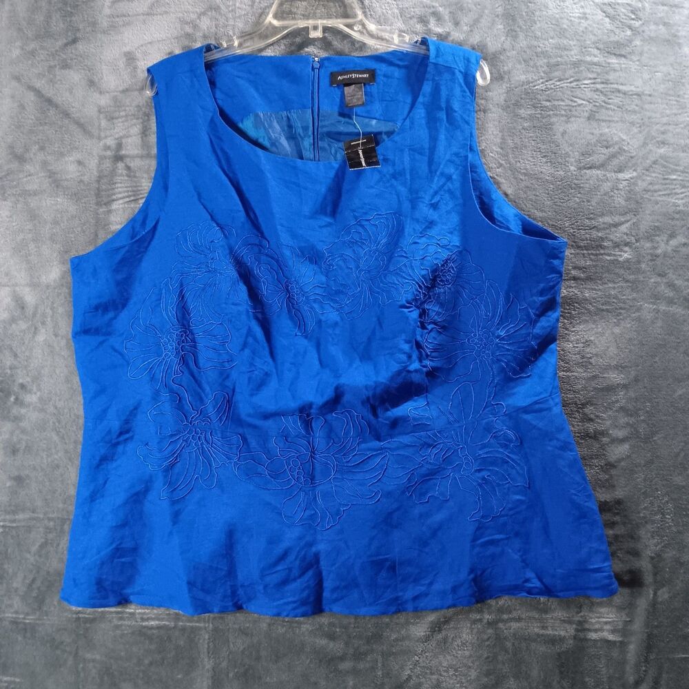 Ashley Stewart Womens Plus Size 24 Sleeveless Blouse Top Floral Linen Blend Blue